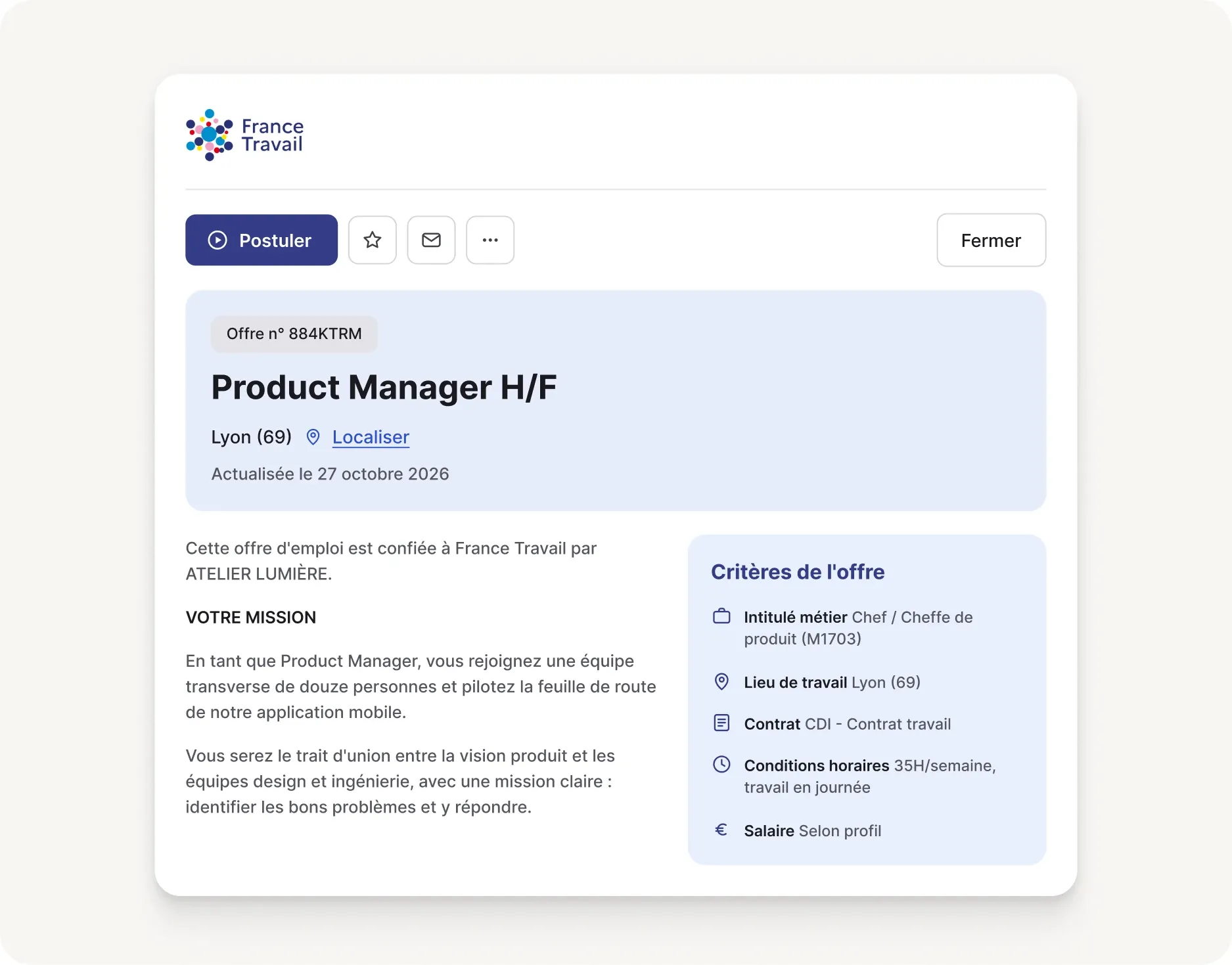 Annuncio Join per un Product Manager a Lione, pubblicato in francese su France Travail