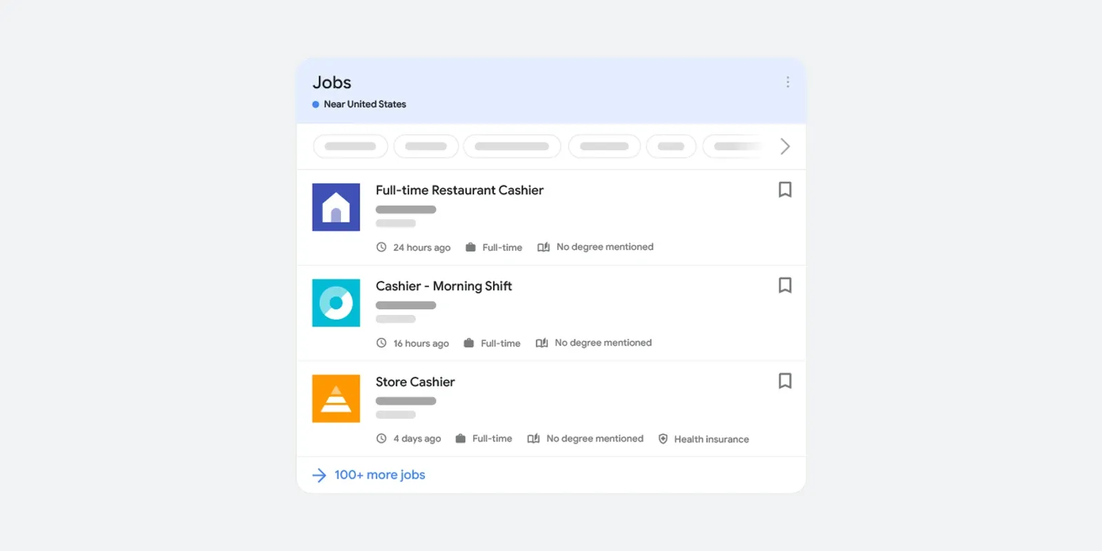 Illustratie van Google van vacatureresultaten in Zoeken: kassavacatures met plaatsingsdatum en soort baan