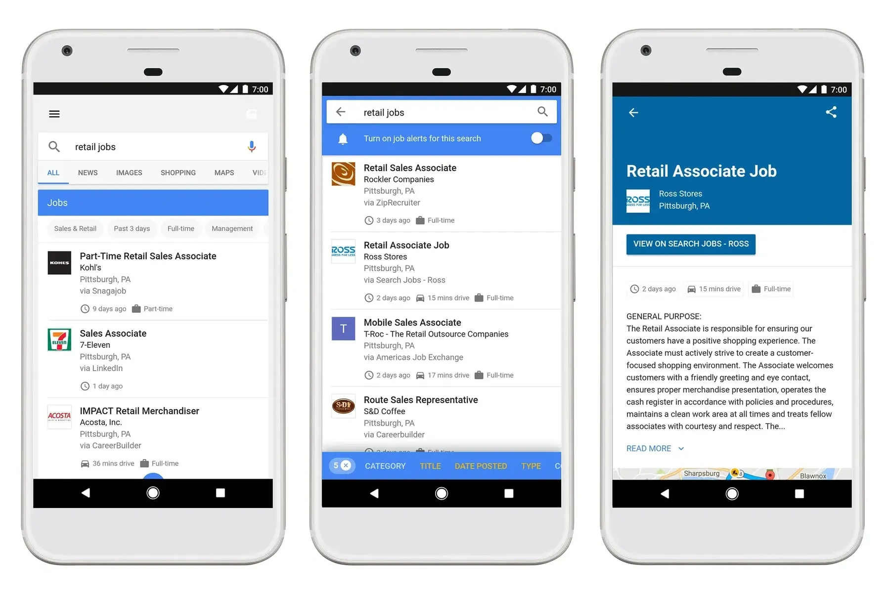 Three phones showing Google's job search: a list of retail jobs, filtered results and a job ad