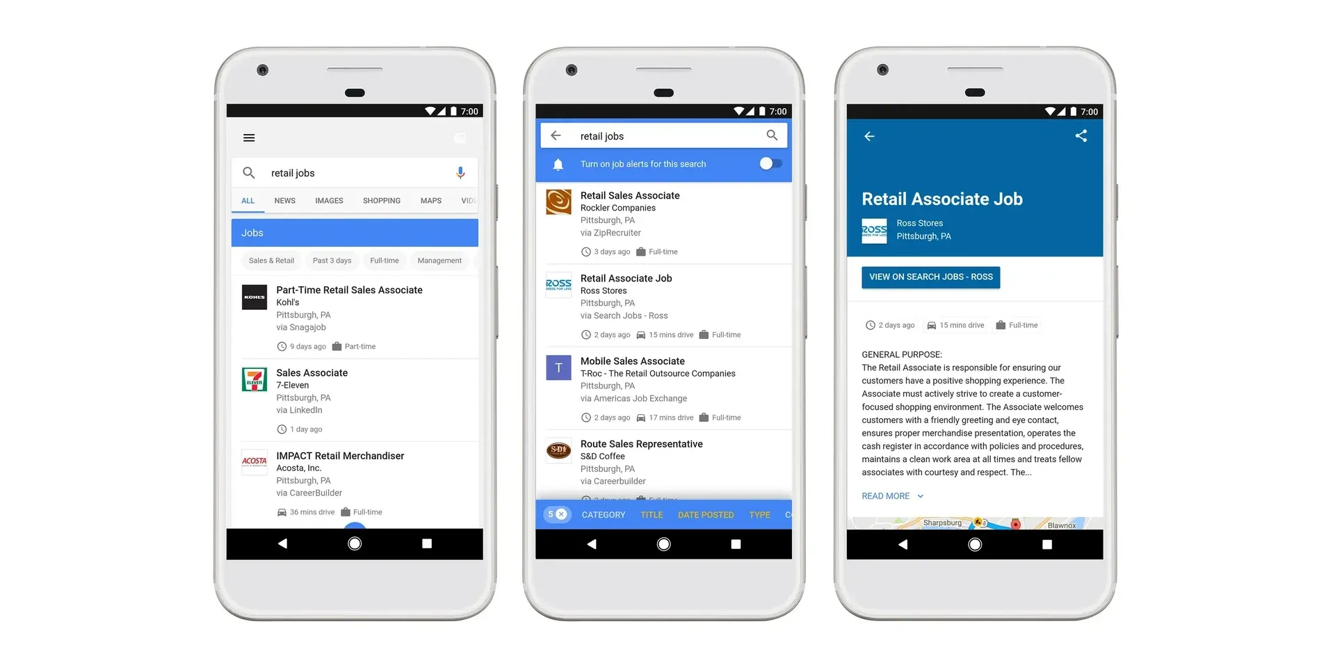 Drie telefoons met de vacaturezoeker van Google: een lijst winkelvacatures, gefilterde resultaten en een vacature