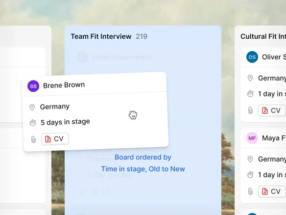 Join hiring pipeline shown as a kanban board with candidate cards across stages from Applied to Offer