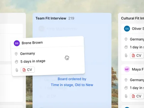 Join hiring pipeline shown as a kanban board with candidate cards across stages from Applied to Offer