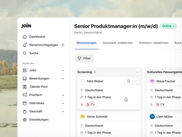 Join Pipeline mit integriertem Sourcing, Screening und Kommunikation in einer Ansicht