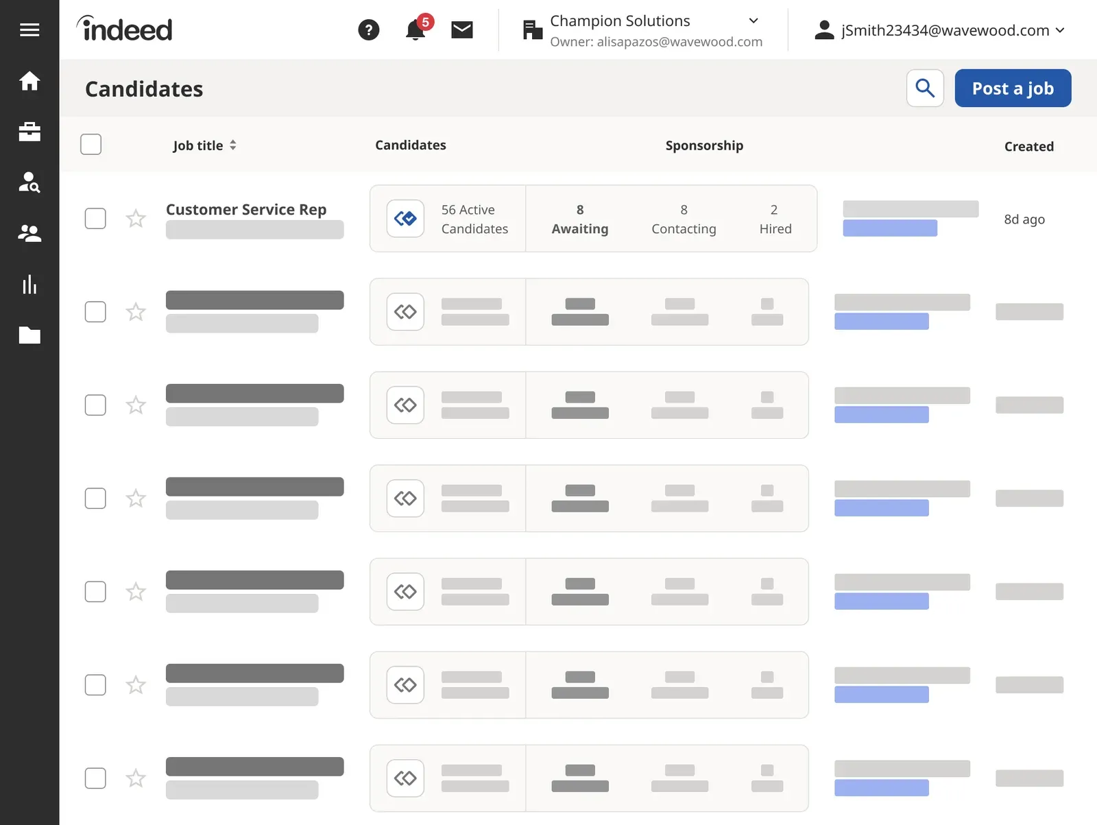Illustration des Arbeitgeber-Dashboards von Indeed: eine Liste von Stellen mit aktiven, wartenden, kontaktierten und eingestellten Kandidat:innen
