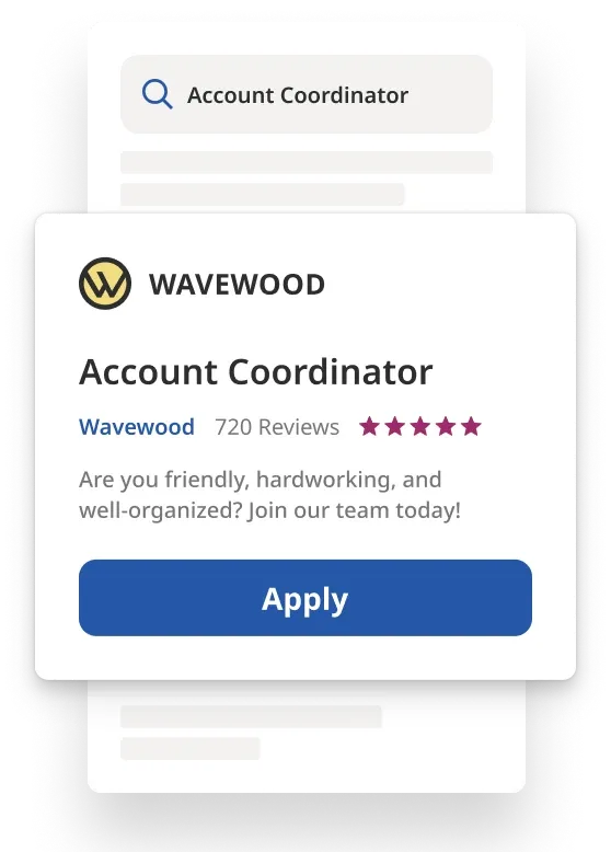 Illustration einer Indeed-Stellenanzeige für eine Stelle als Account Coordinator mit „Apply“-Button