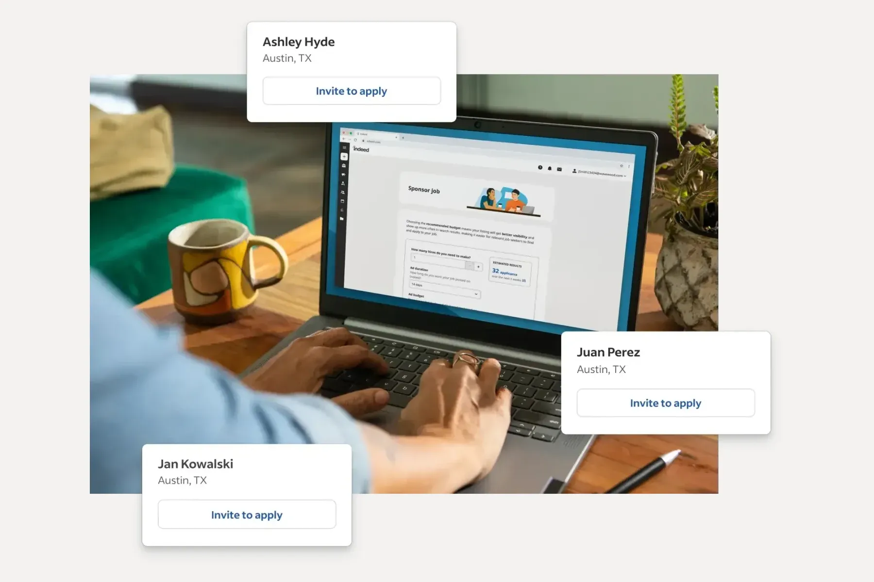 Someone at a laptop reviewing candidates in Indeed's employer dashboard, with “Invite to apply” cards for three candidates