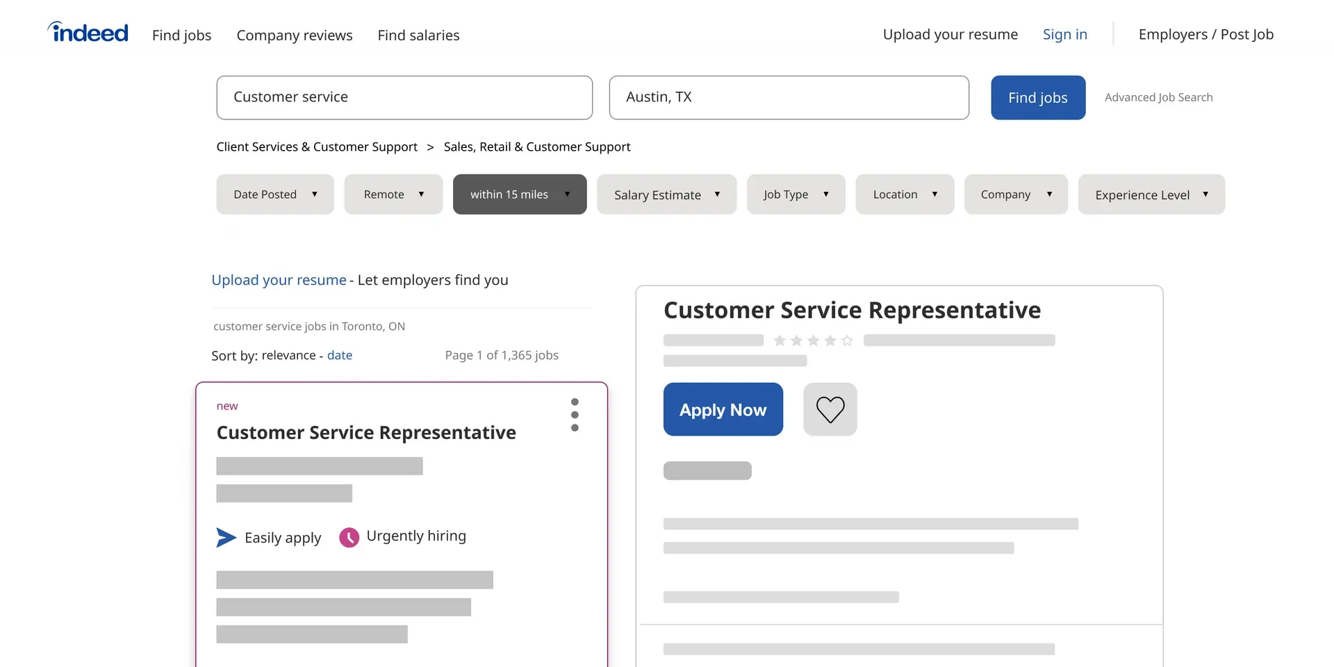 Illustration der Indeed-Suchergebnisse für Kundenservice-Stellen in Austin, mit hervorgehobener Stellenanzeige und „Apply Now“-Button