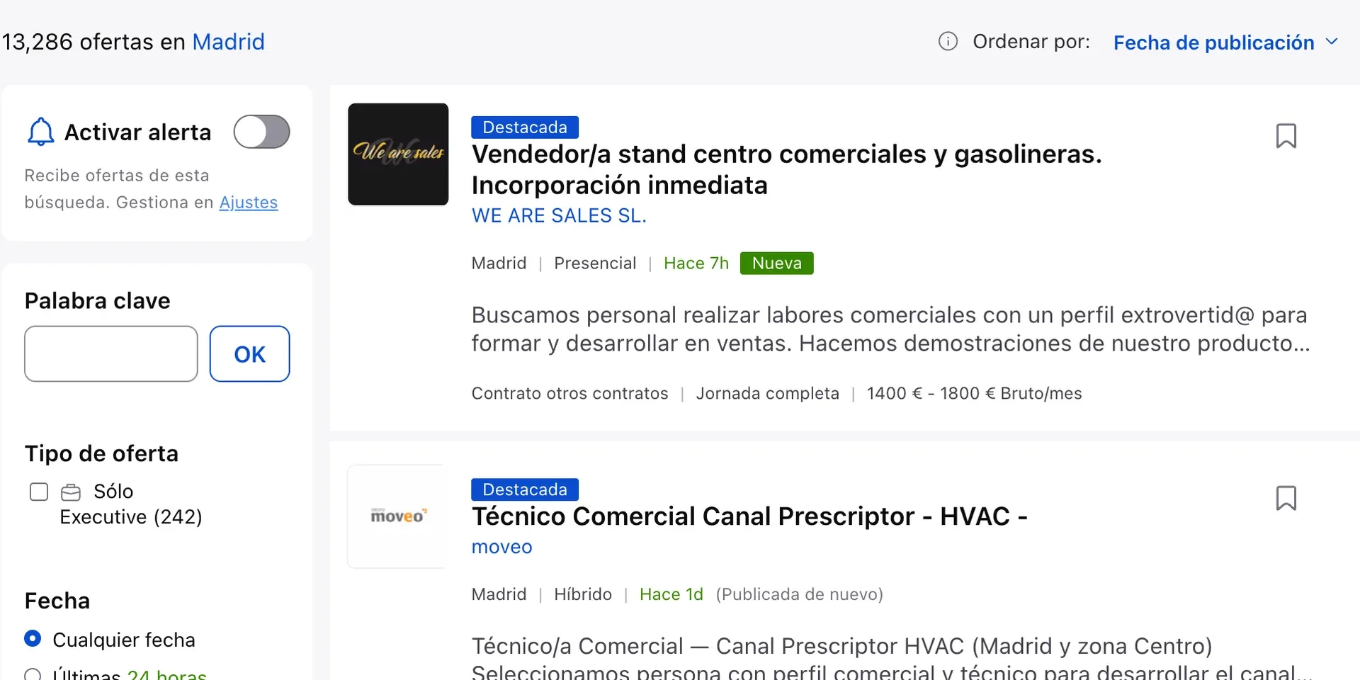 Resultaten op InfoJobs: 13.286 vacatures in Madrid, met filters naast de lijst