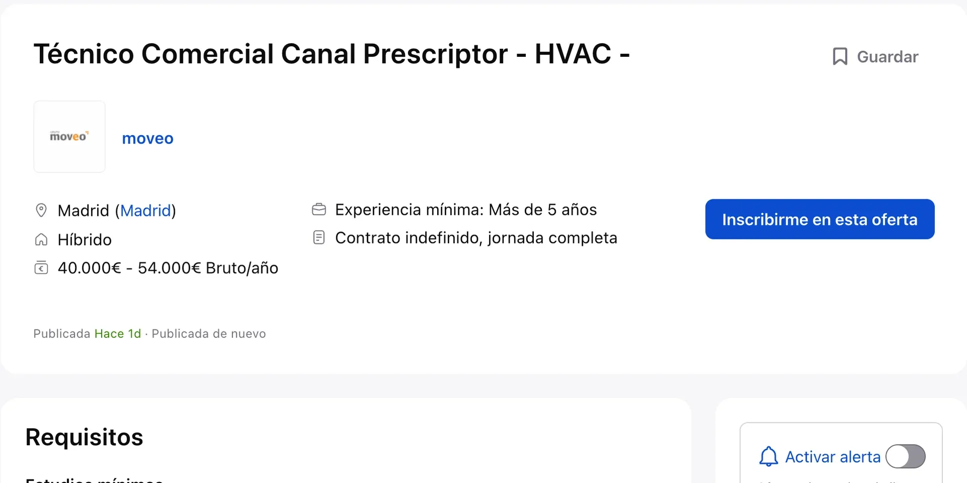 Een vacature op InfoJobs voor technisch-commercieel medewerker in Madrid, met plaats, salaris, contract en een sollicitatieknop