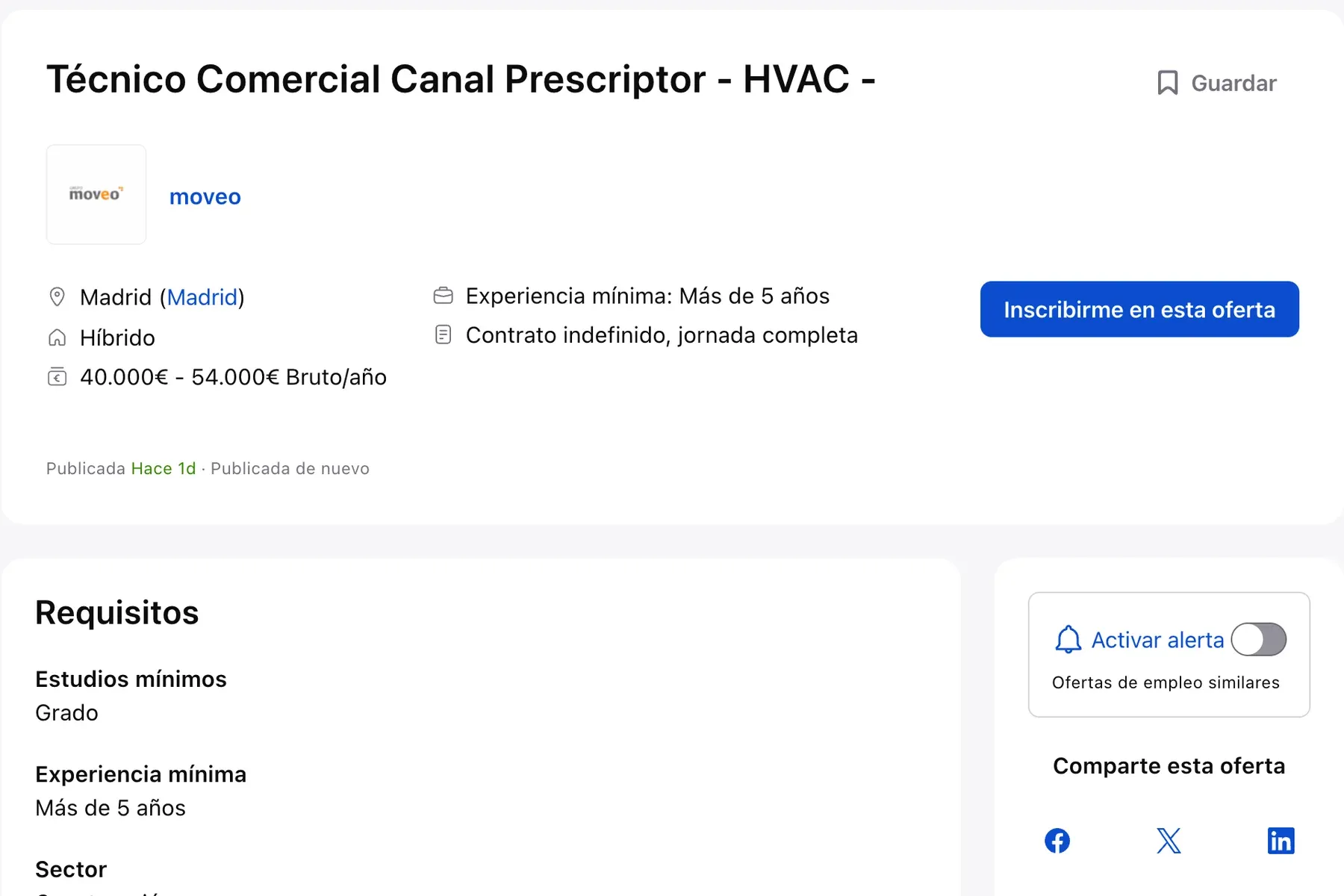 Una oferta de InfoJobs de técnico comercial en Madrid, con ubicación, salario, contrato y botón para inscribirse