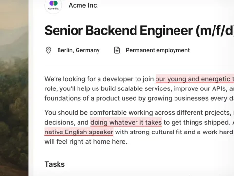 Bias-flagging and keyword score panel on a job description draft in Join