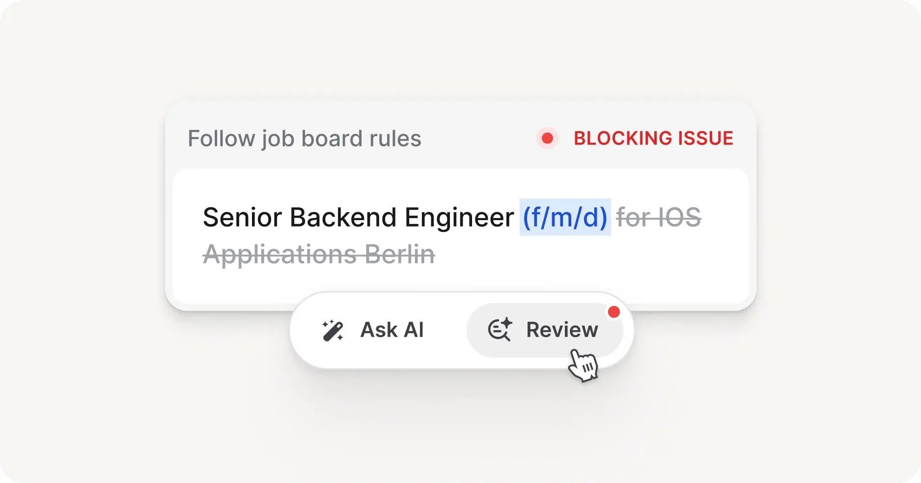 Revisione IA che segnala un problema nel titolo dell’annuncio, con i comandi Ask AI e Review in inglese