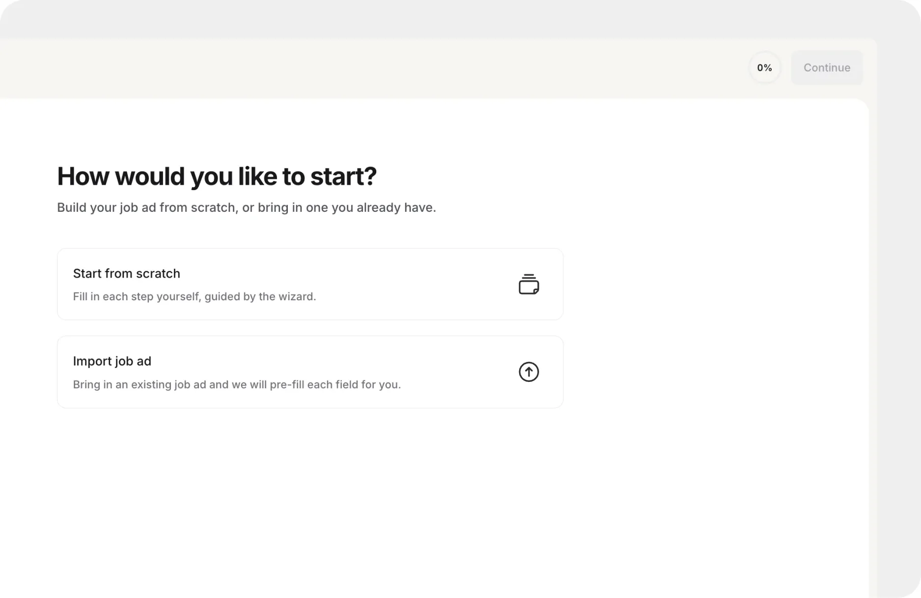 Schermata iniziale di Job Studio in inglese con le opzioni per partire da zero o importare un annuncio