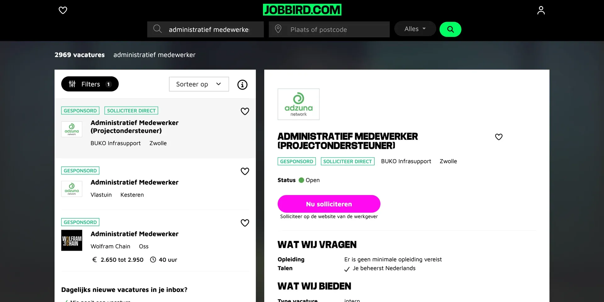 Zoekresultaten op Jobbird voor administratief medewerker, met de gekozen vacature open naast de lijst