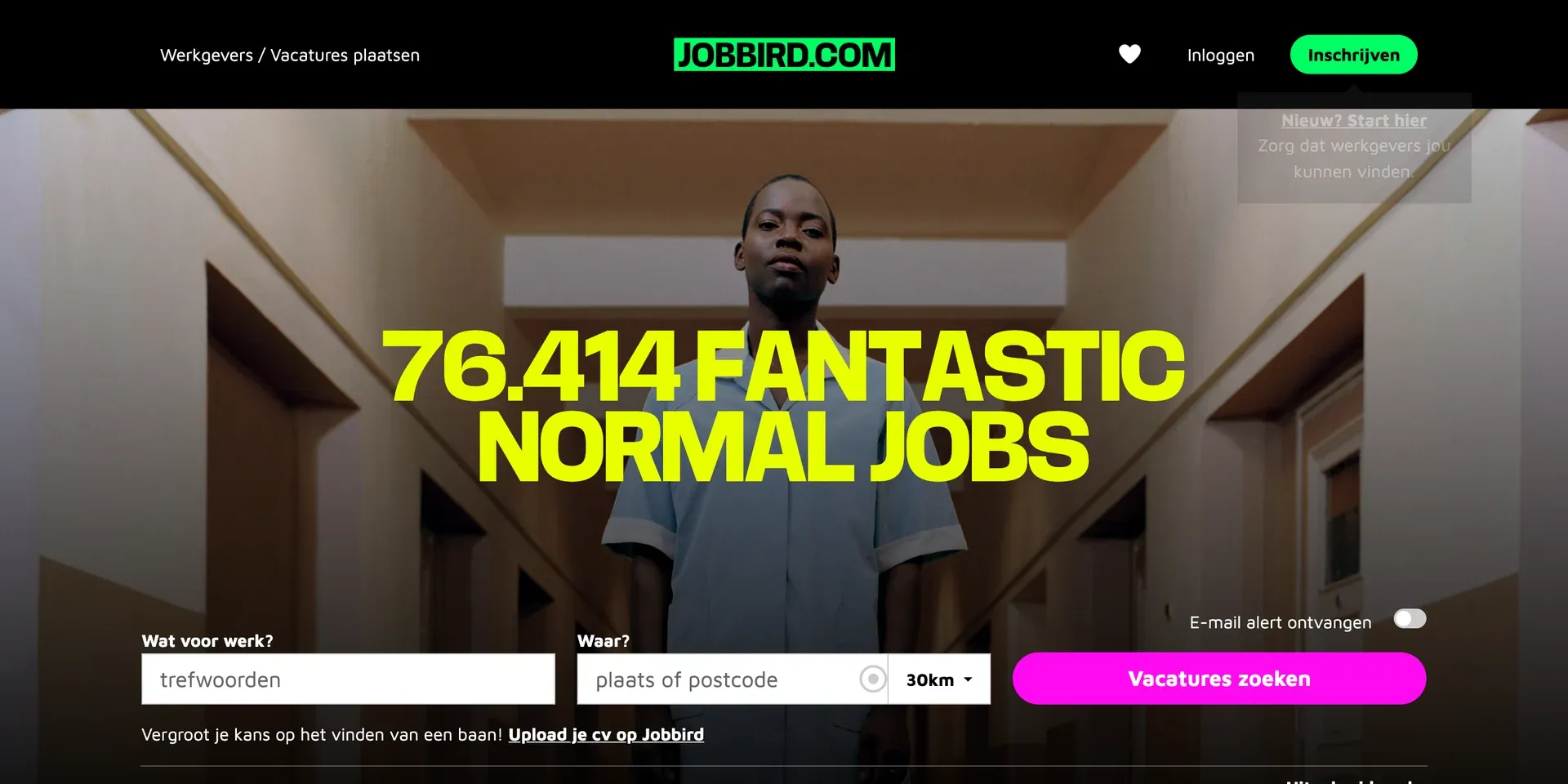 De campagne op de homepage van Jobbird, ‘76.414 fantastic normal jobs’, boven zoeken op functie en plaats