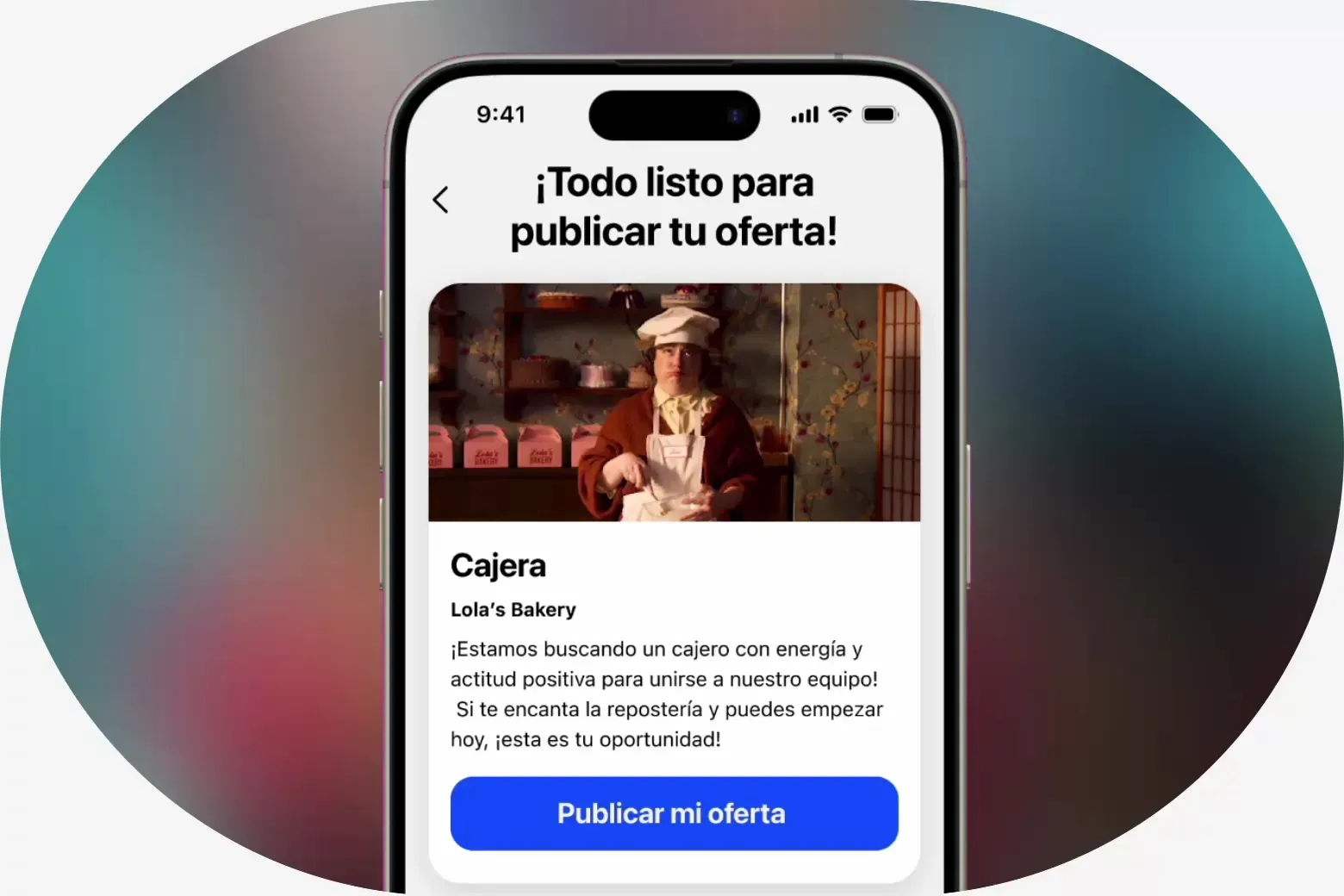 Un móvil con la app de Job Today lista para publicar una oferta de cajera en una pastelería, con el botón «Publicar mi oferta»