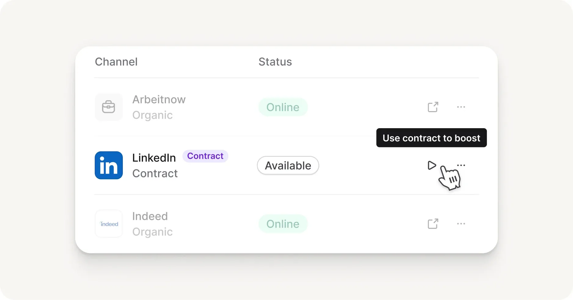 Elenco delle pubblicazioni in inglese con il badge Contract su LinkedIn e il comando per promuovere un annuncio tramite contratto