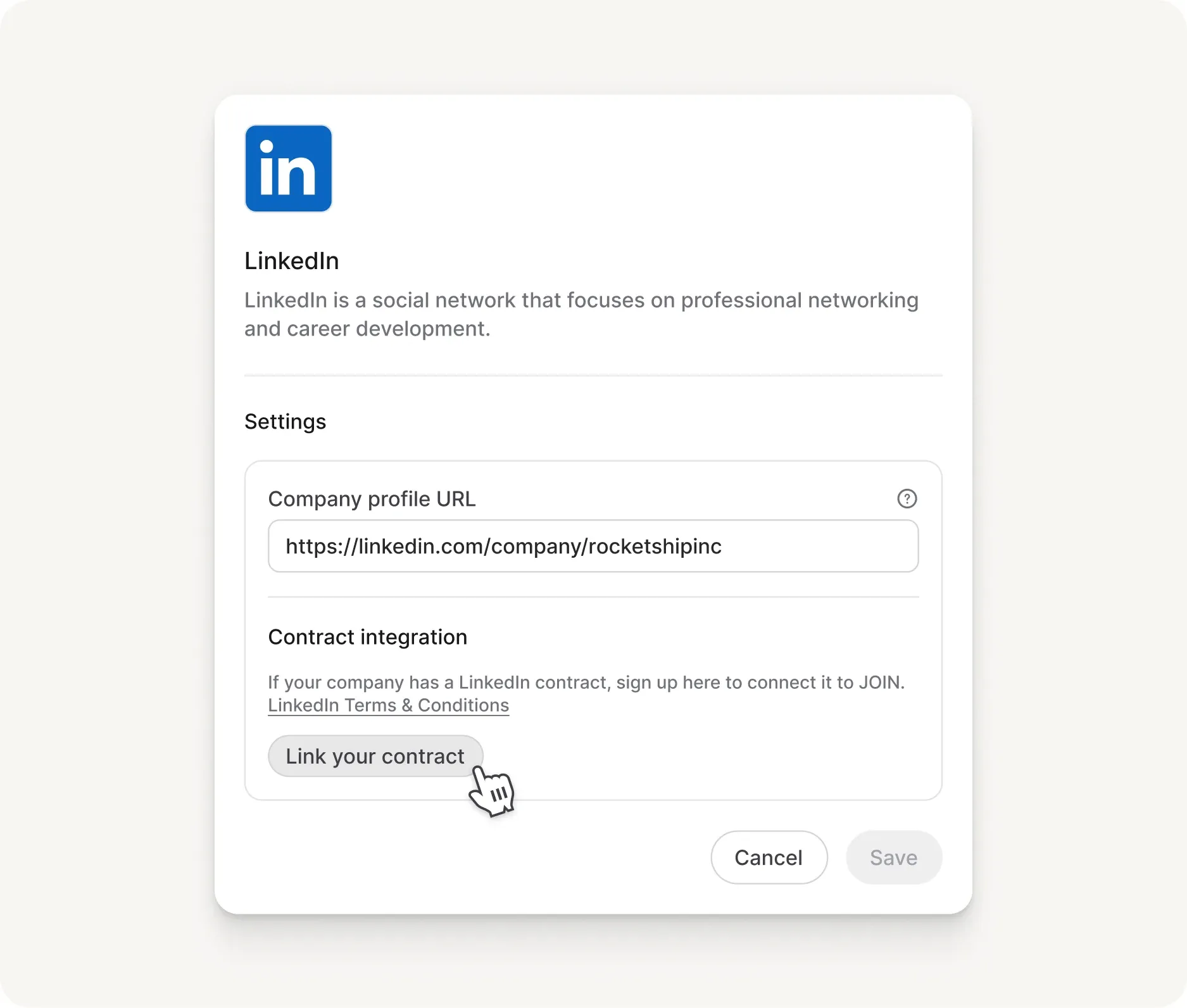 Impostazioni dell’integrazione LinkedIn in Join, in inglese, con il pulsante per collegare il contratto
