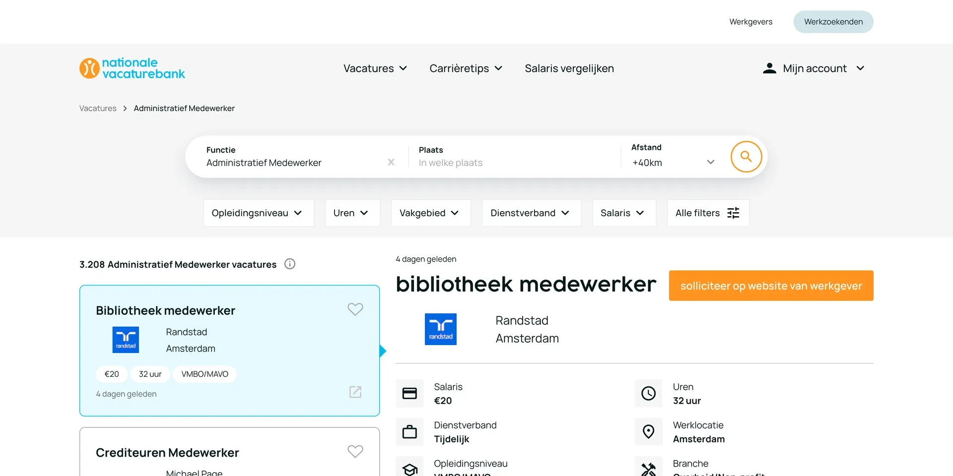 Zoekresultaten op Nationale Vacaturebank voor administratief medewerker, met een vacature open naast de lijst