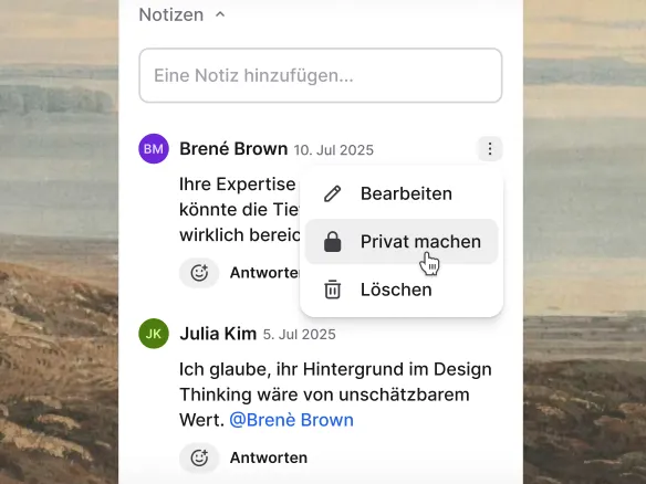 Join-Notiz-Editor mit Sichtbarkeits-Auswahl: privat, Hiring-Team, eingeschränkt auf bestimmte Personen