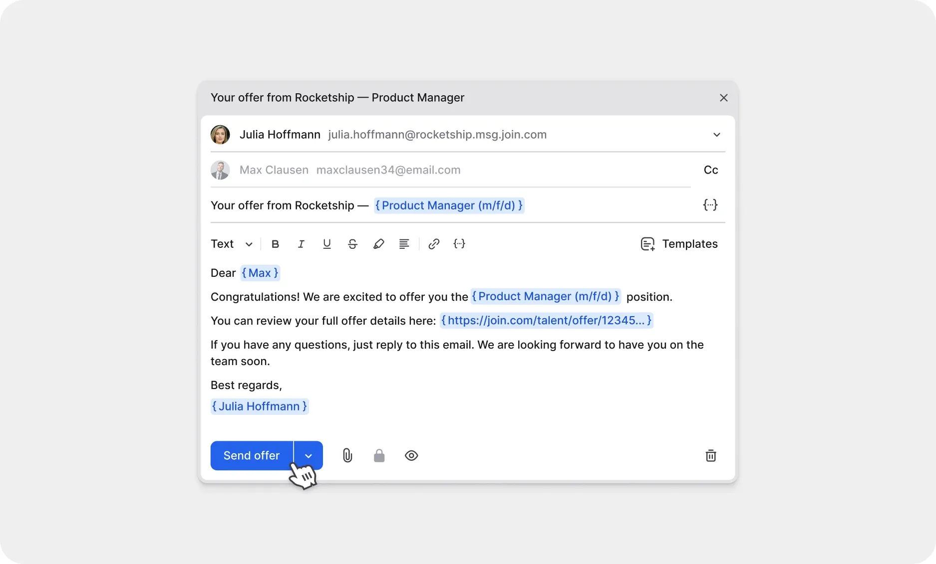 Editor dell’email in inglese con collegamento all’offerta e pulsante di invio