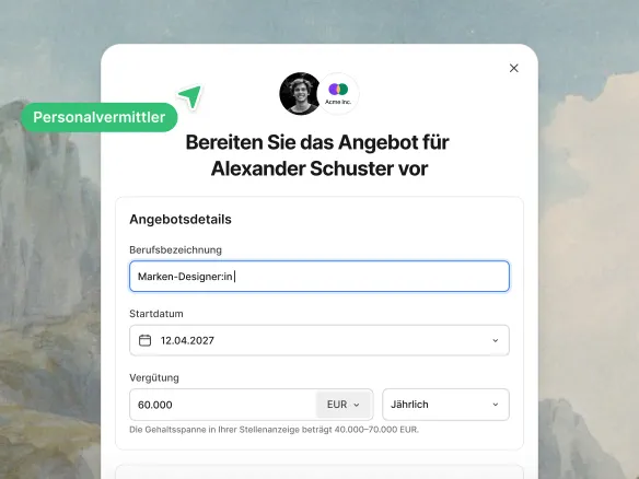 Join-Angebotseditor im Kandidat:innenprofil mit Gehalt, Startdatum und E-Mail-Vorschau