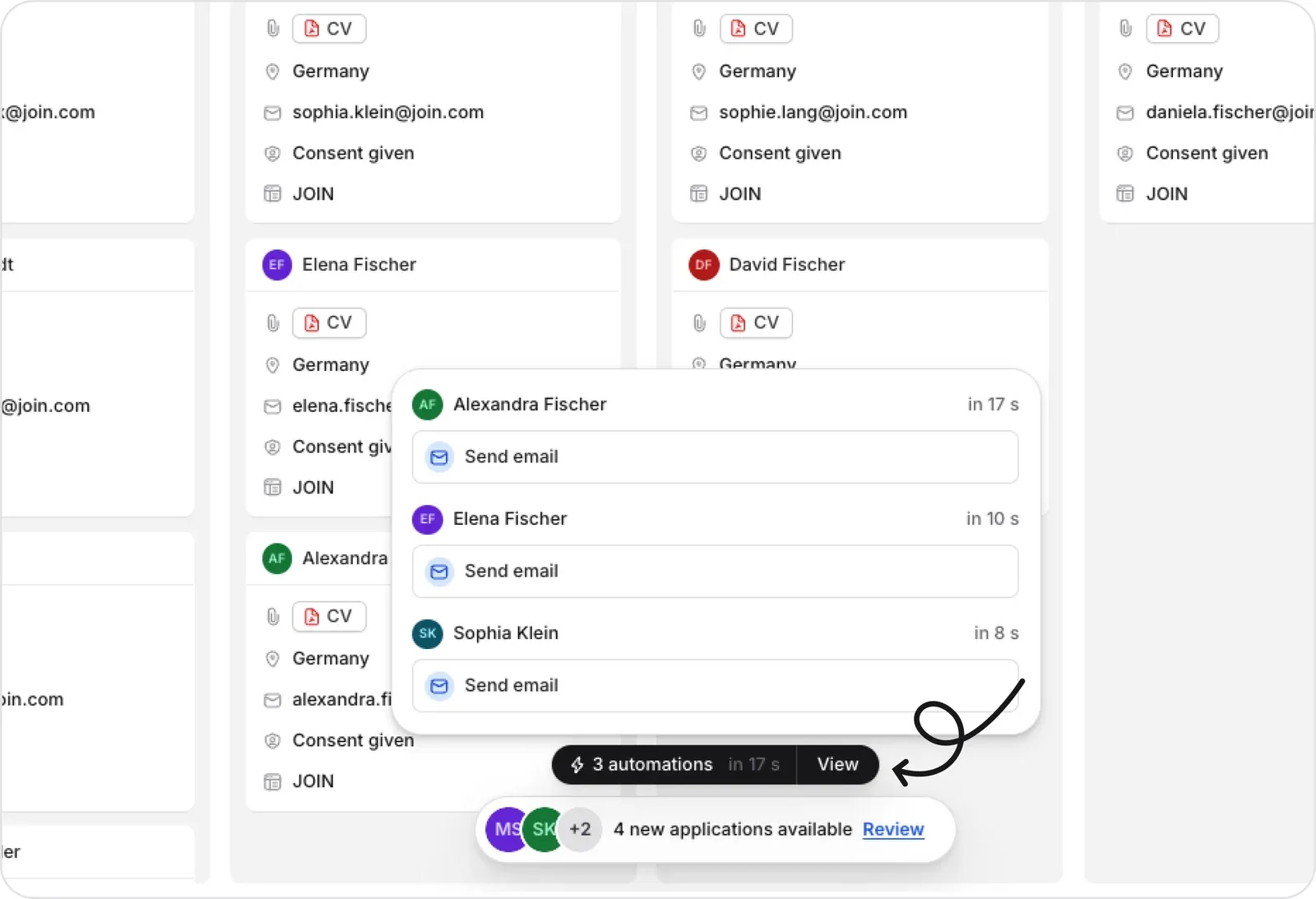 Candidate cards showing pending email automations with a countdown and a View control