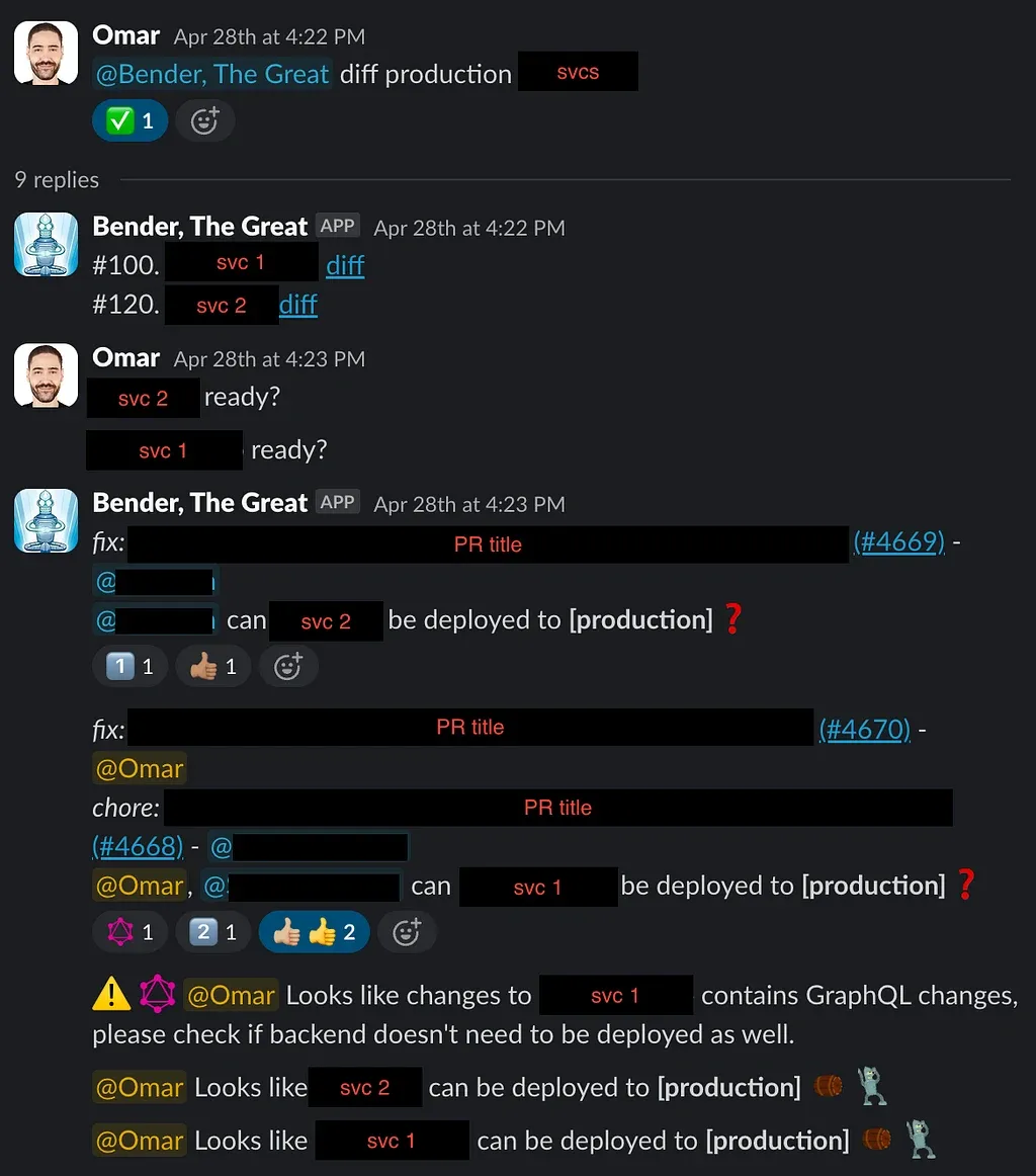 A Slack thread requesting approval for multiple services, a warning about a dependency on another service, and the final confirmation once all thumbs-up are collected.