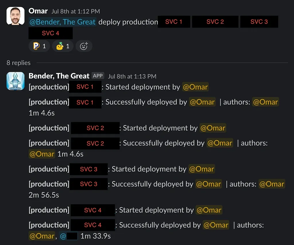 A Slack thread showing multiple services being deployed to production in one command, with authors tagged in each success message.