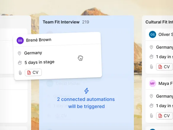 Visual recruiting workflow editor in Join showing a stage-move trigger connected to a templated email action