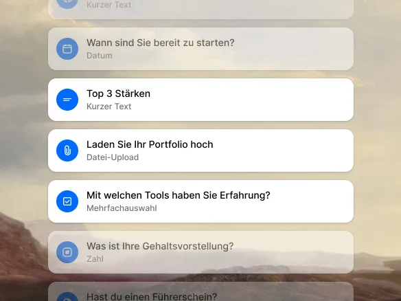Screening-Fragetypen in Join: Ja/Nein, Einfachauswahl, Mehrfachauswahl, Zahl, Datum, Text und Datei-Upload