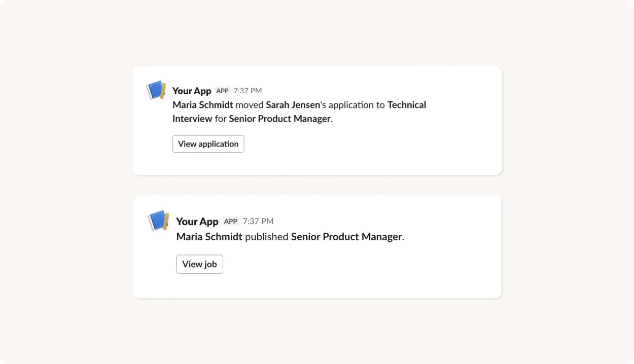 Join hiring updates arriving in Slack as direct messages with quick action buttons