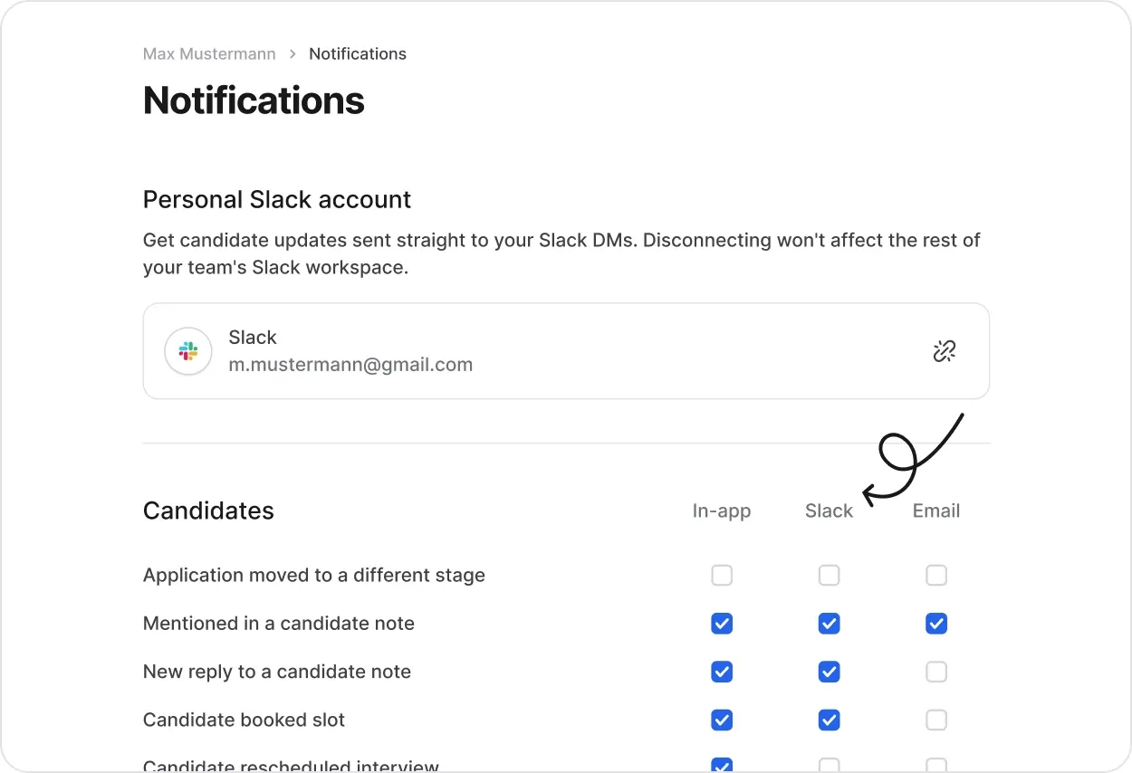Join notification settings showing a Slack column to toggle for each candidate event