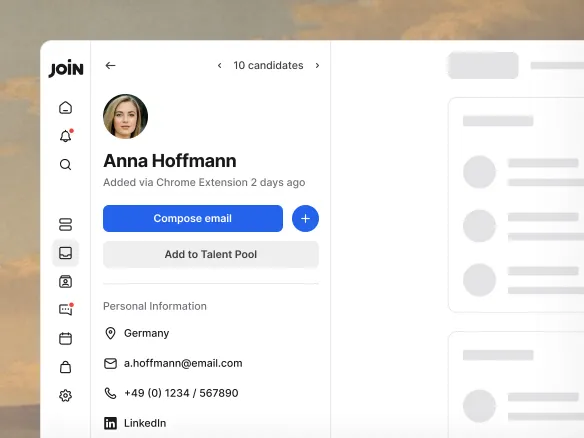Talent pool view in Join showing saved candidates tagged by role and skill
