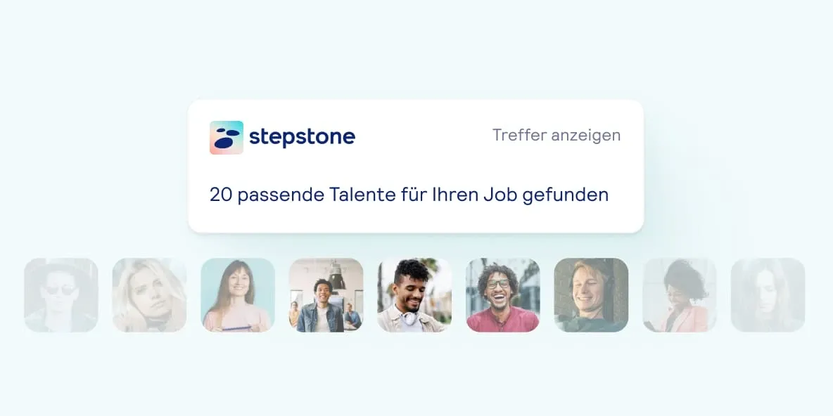 A Stepstone notification that 20 matching candidates were found for a job, above a row of candidate photos
