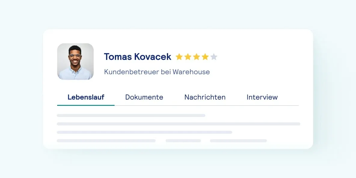 A candidate profile in Stepstone with tabs for CV, documents, messages and interview