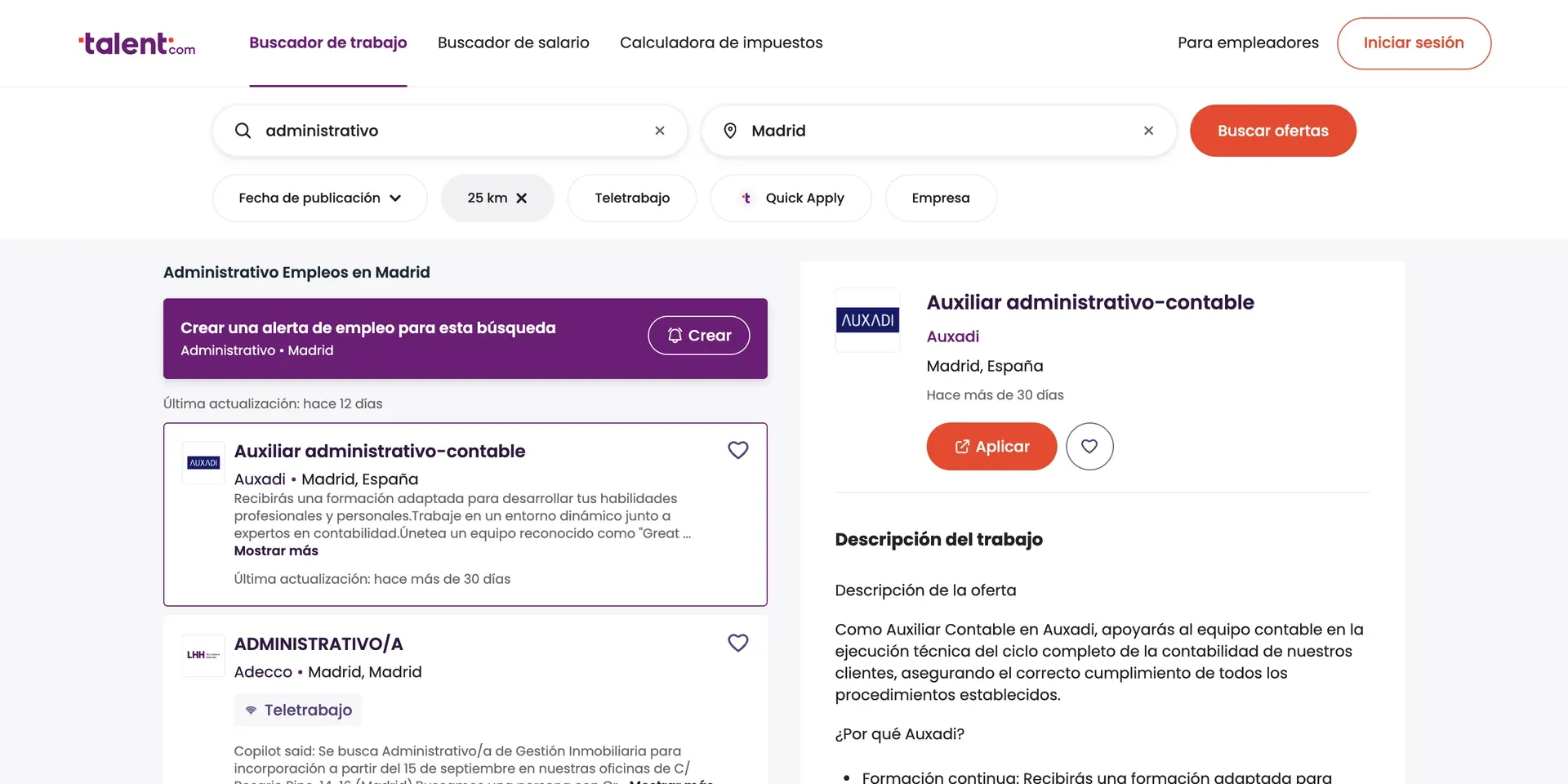 Resultaten op Talent.com voor administratieve vacatures in Madrid, met de gekozen vacature open naast de lijst
