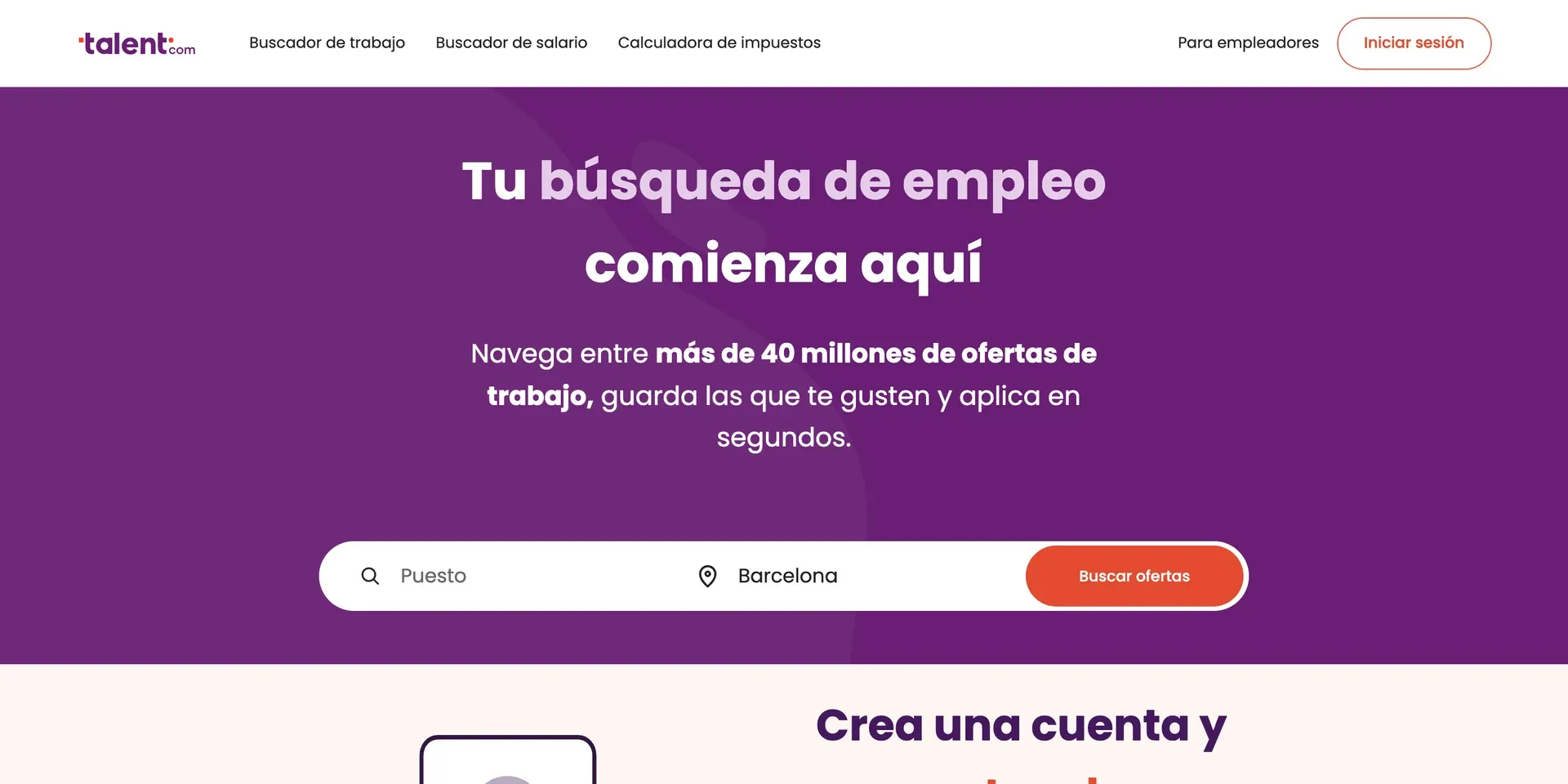 De Spaanse homepage van Talent.com, met zoeken op functie en plaats
