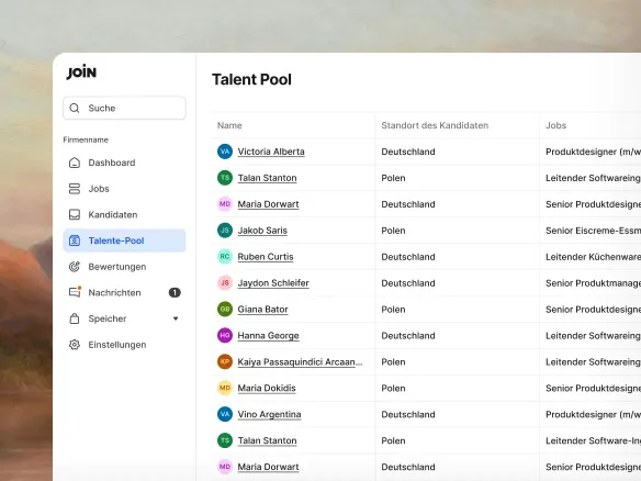 Join-Talentpool-Ansicht mit nach Skill, Seniorität und Standort gefilterten Kandidat:innen
