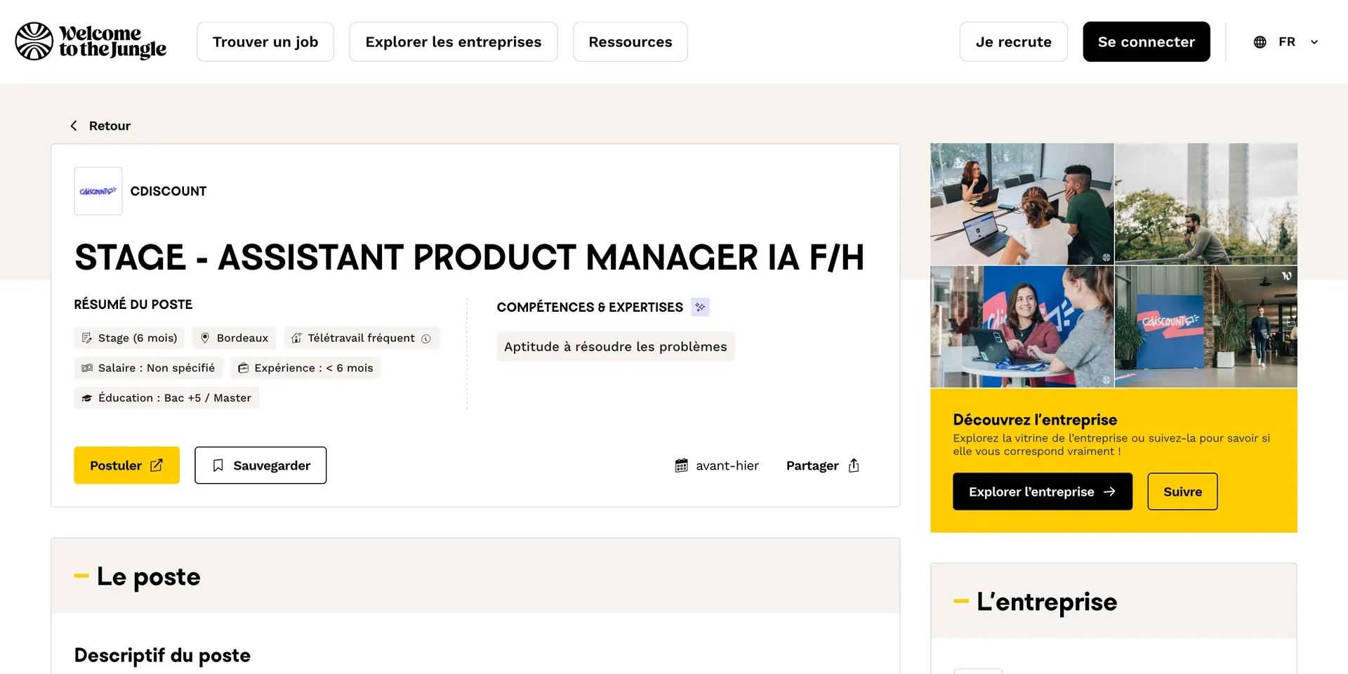 Een vacature op Welcome to the Jungle voor een stage als AI-productmanager bij Cdiscount, met knoppen om te solliciteren en op te slaan