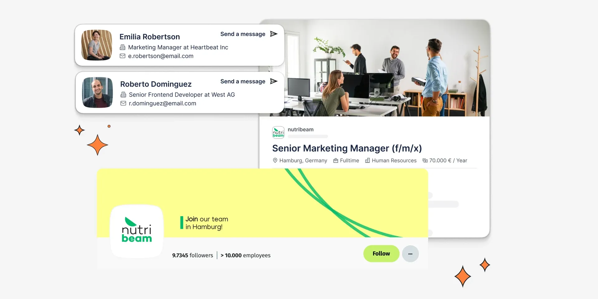 De recruitingtools van XING: berichten aan kandidaten, een vacature voor Senior Marketing Manager en een bedrijfsprofiel