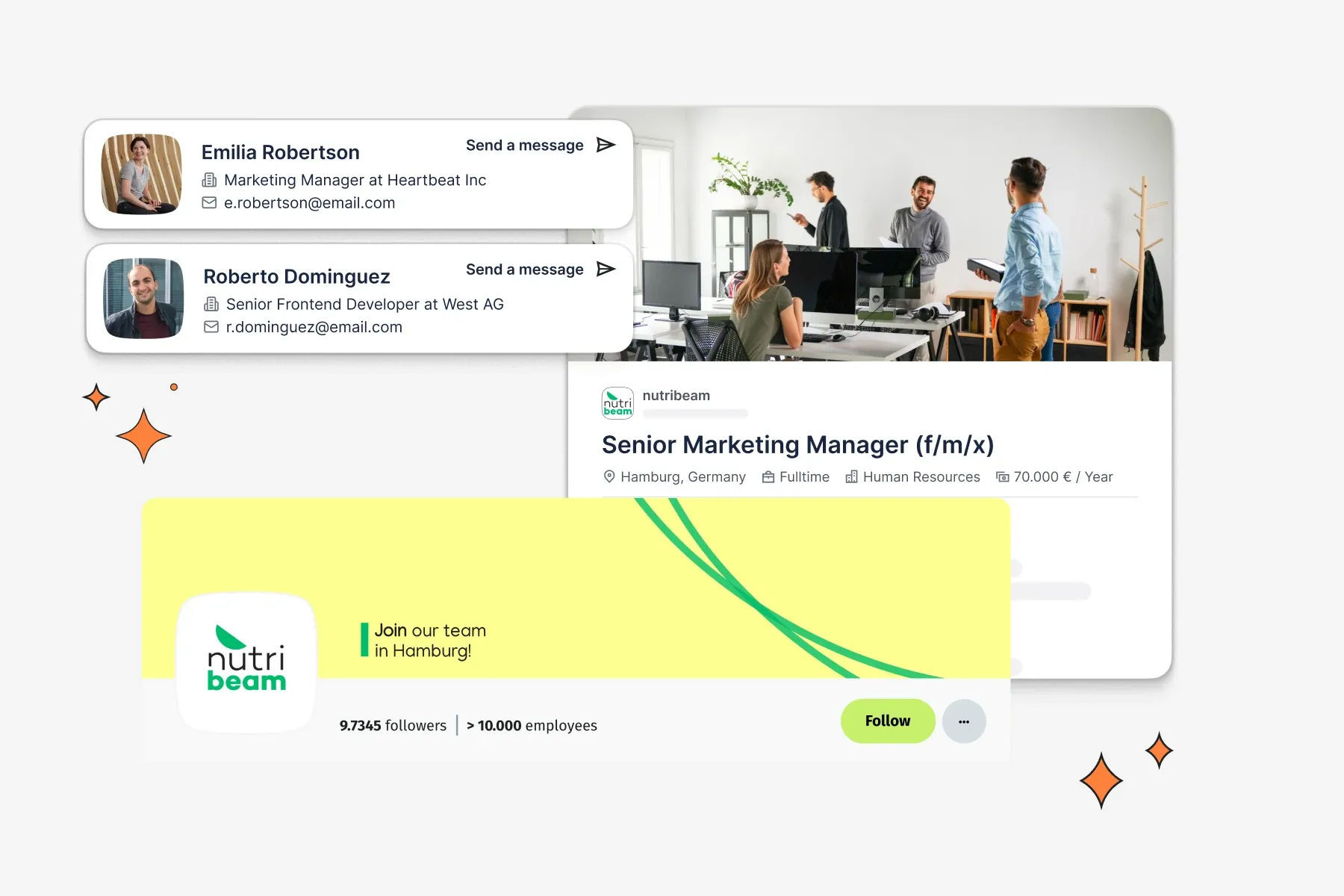 XING's recruiting tools: candidate messages, a Senior Marketing Manager job ad and a company profile