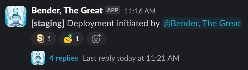 A Slack message showing Bender deploying the services that passed E2Es to the staging environment.