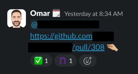 A Slack message posting a pull request to the code review channel, with a checkmark and merge emoji added by Bender.