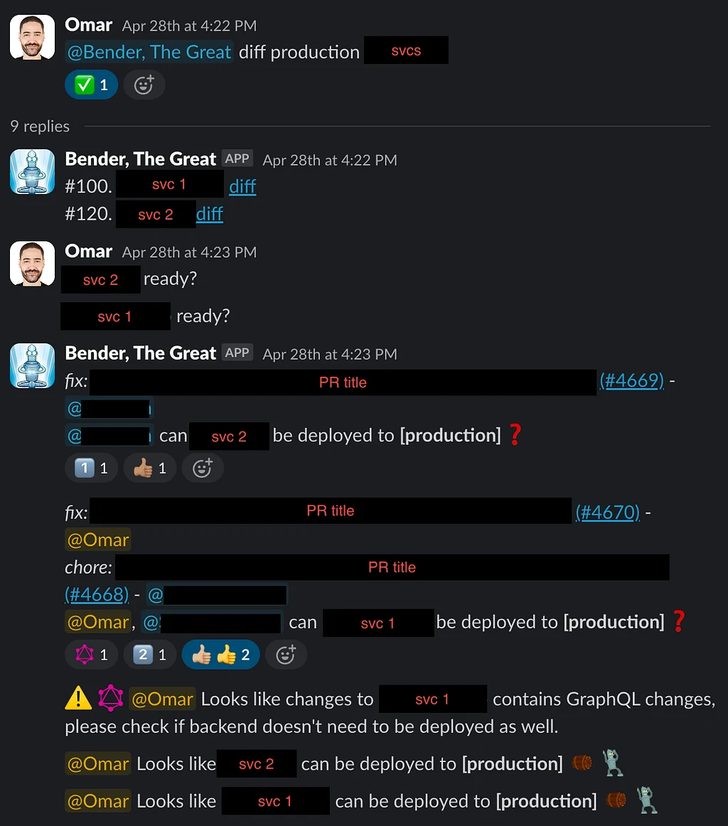 A Slack thread requesting approval for multiple services, a warning about a dependency on another service, and the final confirmation once all thumbs-up are collected.