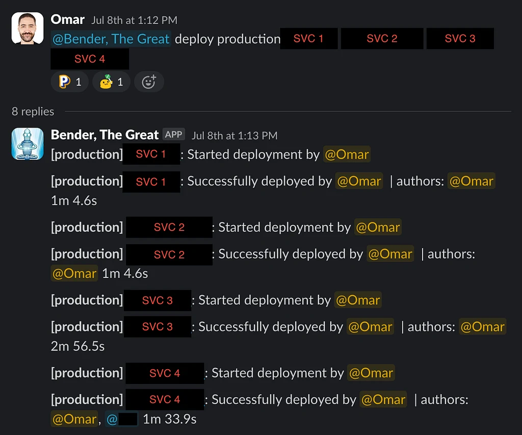 A Slack thread showing multiple services being deployed to production in one command, with authors tagged in each success message.